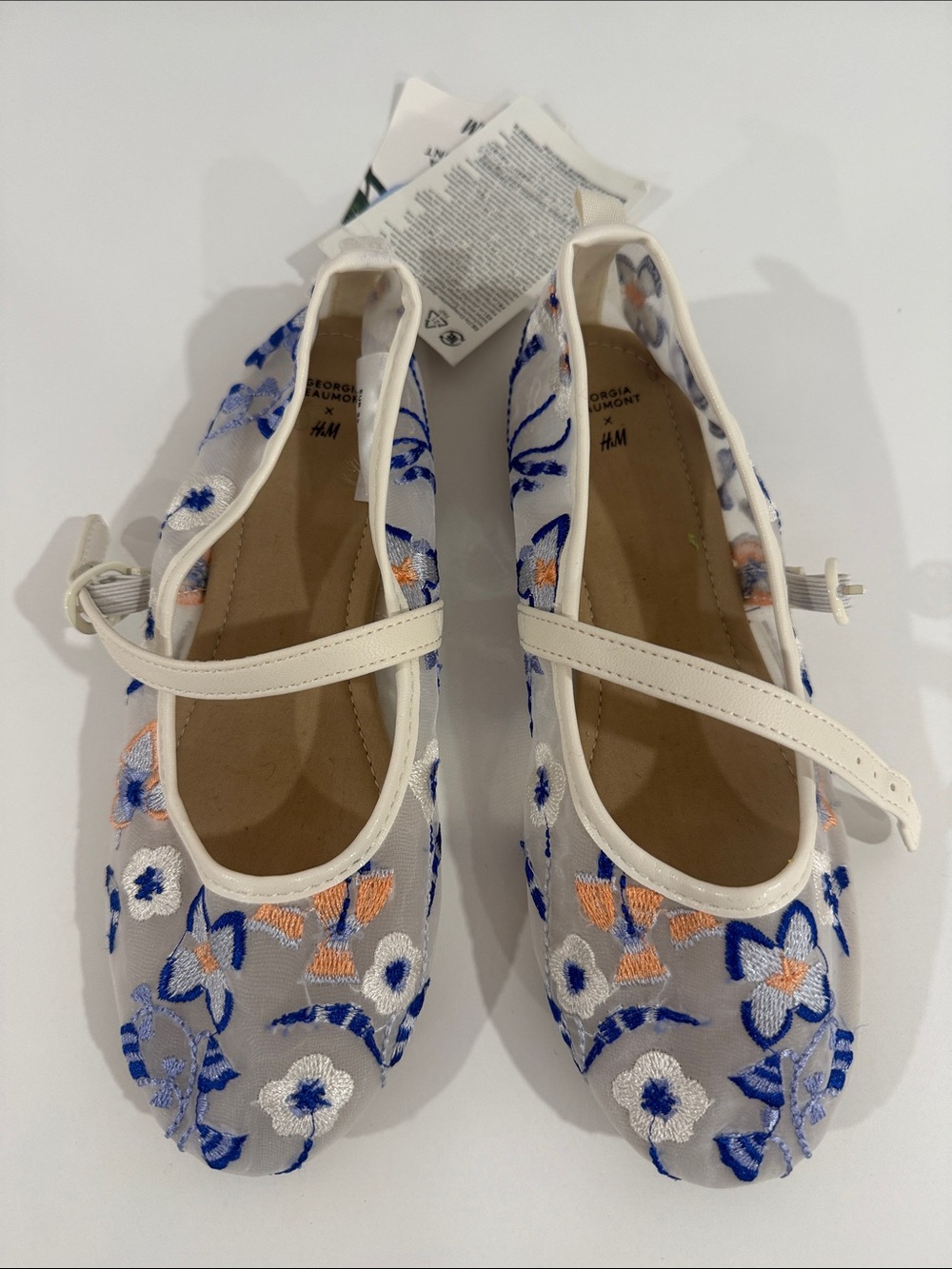 Georgia BeaumontH&M Cream Mary Jane Shoes with Blue and Orange Floral Embroidery